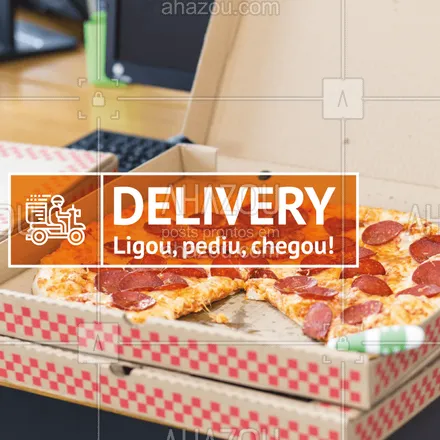posts, legendas e frases de pizzaria para whatsapp, instagram e facebook: Delivery rapidinho no conforto da sua casa! Aproveite e peça já sua pizza. #pizza #ahazou #pizzaria #alimentaçao #delivery #comida 