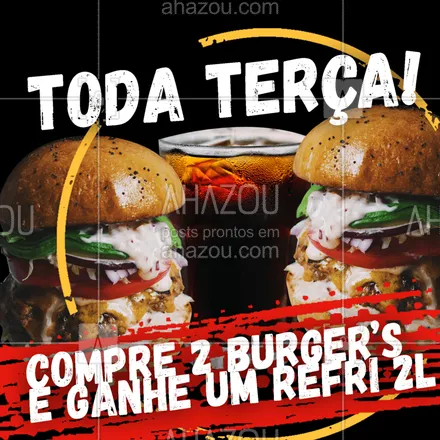 posts, legendas e frases de hamburguer para whatsapp, instagram e facebook: Terça tem promoção!
Compre 2 burgers e ganhe um refrigerante 2 litros. E ai vai encarar?
#ahazou #burger #fome #semneura #promoção #monstro