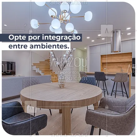 posts, legendas e frases de arquitetura, design & decoração para whatsapp, instagram e facebook: Durante o planejamento dos ambientes, opte por integrar o maior número de espaços possível. Além do ambiente ficar mais organizado, você também acabará economizando na confecção dos móveis, já que vários modelos serão feitos em conjunto. Um bom exemplo desse tipo de móveis são os balcões que dividem a cozinha com outros locais, além de serem ótimos itens decorativos ajudam no aproveitamento do espaço. ? #AhazouDecora #AhazouArquitetura #designdeinteriores #homedecor #decoracao #arquiteto #arquitetura