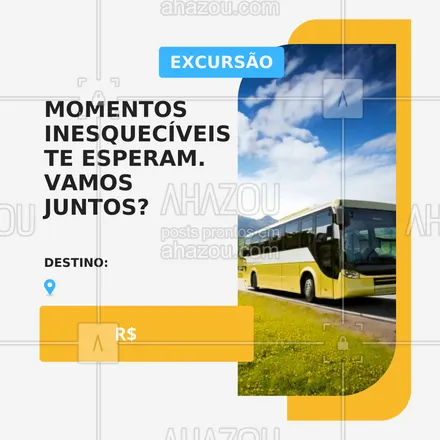 posts, legendas e frases de agências & agentes de viagem para whatsapp, instagram e facebook: 🚌 Viajar é colecionar histórias! Venha com a gente para [SEU DESTINO AQUI] e viva momentos únicos.
🔖 Pacotes acessíveis e organizados com todo carinho para você aproveitar ao máximo.
📲 Garanta já sua vaga!

#ExcursãoRodoviária #TurismoNacional #ViajarComEstilo #MomentosIncríveis
