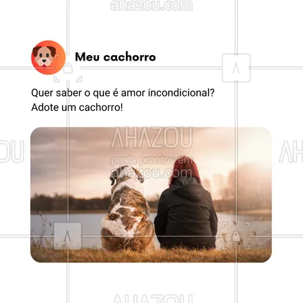 posts, legendas e frases de dog walker & petsitter, veterinário, petshop, assuntos variados de Pets para whatsapp, instagram e facebook: Quer saber o que é amor incondicional? Adote um cachorro! 🐕❤️ Eles nos mostram todos os dias o verdadeiro significado de lealdade e carinho sem limites. Se você ainda não experimentou esse amor, está na hora de mudar isso. Acompanhe e se apaixone pela energia e dedicação que um cachorro pode trazer para sua vida! 🌟 #AmorIncondicional #AdoçãoDePets #CachorroFeliz #VidaComPets #AhazouPet