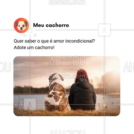 posts, legendas e frases de dog walker & petsitter, veterinário, petshop, assuntos variados de Pets para whatsapp, instagram e facebook: Quer saber o que é amor incondicional? Adote um cachorro! 🐕❤️ Eles nos mostram todos os dias o verdadeiro significado de lealdade e carinho sem limites. Se você ainda não experimentou esse amor, está na hora de mudar isso. Acompanhe e se apaixone pela energia e dedicação que um cachorro pode trazer para sua vida! 🌟 #AmorIncondicional #AdoçãoDePets #CachorroFeliz #VidaComPets #AhazouPet