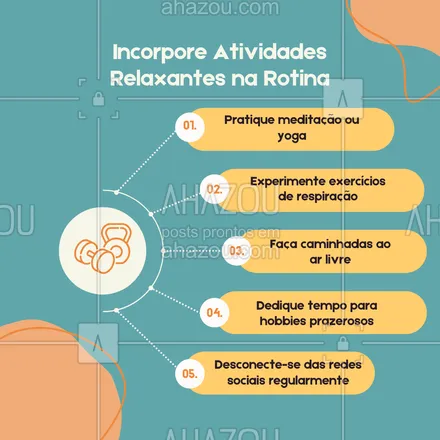 posts, legendas e frases de saúde mental para whatsapp, instagram e facebook: Atividades relaxantes podem ser grandes aliadas contra o burnout. Adicione momentos de prazer e calma na sua rotina para aliviar o estresse e manter sua saúde mental em dia. 🌞 #AtividadesRelaxantes #ControleDoEstresse #SaúdeMental #AhazouSaude #viverbem #qualidadedevida 