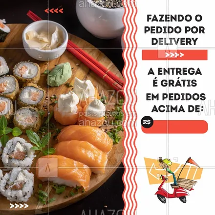 posts, legendas e frases de cozinha japonesa para whatsapp, instagram e facebook: Para você não sair de casa temos promo na entrega por delivery. Faça já seu pedido! #Delivery #Ahazou #Sushi  #Japafood