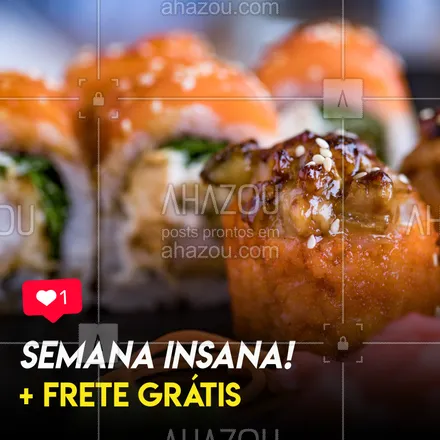posts, legendas e frases de cozinha japonesa para whatsapp, instagram e facebook: SEMANA INSANA!!! ?? Todo o cardápio, isso mesmo, TODO O CARDÁPIO* COM DESCONTO + ENTREGA GRÁTIS!! ???
SIM A SEMANA TODINHA!
*Não cumulativa com outras promoções, confira a disponibilidade dos pratos. #sushi #sashimi #hashi #temaki #uramaki #teriaky #wasabi #yakisoba #japanesefood #asianfood #ahazou #culinariajaponesa #japa #japones #japonesa 