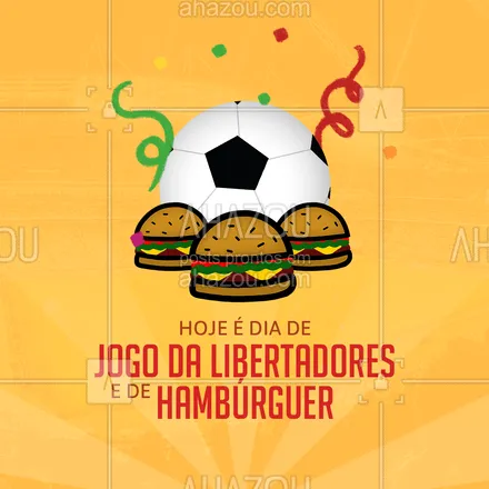 posts, legendas e frases de hamburguer para whatsapp, instagram e facebook: Dia de jogo é dia de comer um hambúrguer e torcer muito para o seu time ⚽. E aqui temos muitas opções para te acompanhar 🍔. Então aproveite, venha nos visitar ou peça o seu lanche no delivery. #artesanal #burger #burgerlovers #ahazoutaste #hamburgueria #hamburgueriaartesanal #sabor #qualidade #opções #copalibertadores 