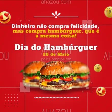 posts, legendas e frases de hamburguer para whatsapp, instagram e facebook: O que importa é ser feliz, se for comendo um hambúrguer então, melhor ainda! 🍔🤩
#diadohamburguer #ahazoutaste #burger  #burgerlovers  #artesanal  #hamburgueria  #hamburgueriaartesanal 