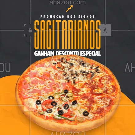 posts, legendas e frases de pizzaria para whatsapp, instagram e facebook: Sagitarianos, esse mês é todo de vocês! Apresente um documento com foto no pedido e ganhe até __% de desconto na pizza ?
Corre que essa promoção é pra vocês!!! Peça Já ?
#ahazoutaste #sagitario #signos #dezembro #pizzaria #pizzalovers #pizza