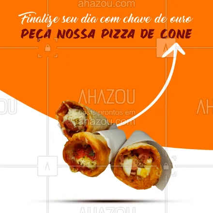 posts, legendas e frases de pizzaria para whatsapp, instagram e facebook: Depois de um dia tumultuado, nada melhor que uma comida deliciosa, não é mesmo? Então para fechar o seu dia com chave de ouro peça nossa pizza de cone e se delicie com todo esse sabor e qualidade. #pizza #pizzalife #pizzalovers #pizzaria #ahazoutaste #sabor #qualidade #opções #sabores #pizzadecone