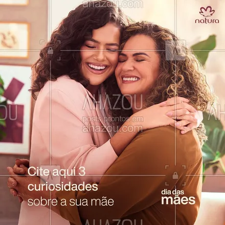 posts, legendas e frases de natura para whatsapp, instagram e facebook: Todo mundo brinca falando que "mãe é tudo igual", mas a verdade é que cada uma é especial e única. Como é a sua? ⁣
Marca ela, conta aqui pra gente nos comentários e já corre pro nosso site escolher o presente Natura que é a cara da sua mãe👇🏾 #DiaDasMãesNatura ⁣
⁣
#DescriçãoDeImagem: conteúdo em formato de imagem estática que mostra @maisa e sua mãe, Gislaine, abraçadas. Lê-se na imagem: "Cite 3 curiosidades sobre a sua mãe" #AhazouNatura #ahazourevenda