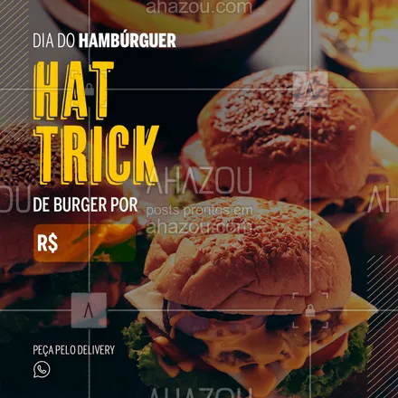 posts, legendas e frases de hamburguer para whatsapp, instagram e facebook: Hat trick: quando alguma coisa acontece 3 vezes, sucessivamente. 
Aqui, são 3 burgers por apenas R$ XX,XX!!! É hat trick de hambúrguer, meu amigo!
É para aproveitar o Dia do Hambúrguer no melhor estilo! 
Peça o seu agora mesmo pelo nosso delivery. 

#hambúrguer #promoção #DiaDoHambúrguer #ahazougastro #burger
