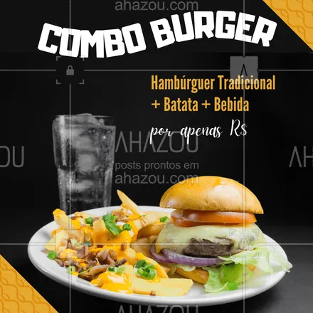 posts, legendas e frases de hamburguer para whatsapp, instagram e facebook: No combo da vez você saboreia o melhor do nosso lanche tradicional, acompanhado de batata frita crocante e um refri geladinho!  #ahazoutaste #artesanal  #burger  #burgerlovers  #hamburgueria  #hamburgueriaartesanal 
