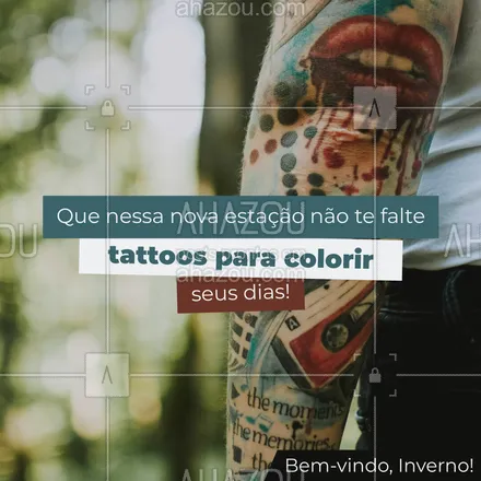 posts, legendas e frases de estúdios, tatuadores & body piercer para whatsapp, instagram e facebook: Que o inverno traga novas tatuagens e cores para a sua pele! #AhazouInk #cicatrizacao  #estudiodetattoo  #flashday  #motivacional  #tattoo  #tattoocolorida 