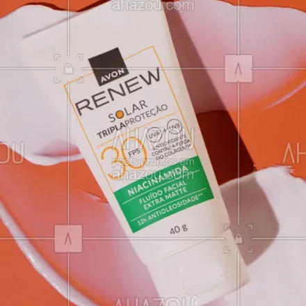 posts, legendas e frases de avon para whatsapp, instagram e facebook: Sua pele protegida do sol e com Niacinamida? S-I-M. ☀️ O novo Renew Solar tem FPS 30 + Niacinamida, partículas matificantes que ajudam a reduzir o excesso de oleosidade na pele;🧡 Ele foi desenvolvido especialmente para a pele oleosa, deixando ela sequinha por 12h. Vem experimentar o meu mais novo lançamento. 😎 #ahazouavon #ahazourevenda