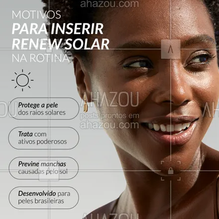 posts, legendas e frases de avon para whatsapp, instagram e facebook: Em todos os seus dias, o protetor solar é essencial. A linha Renew Solar tem opções com Protinol e Ácido Hialurônico, que estimulam o colágeno e preenchem a pele. Além de ter toque seco e efeito matte que duram o dia todo ✨ #ahazouavon #ahazourevenda