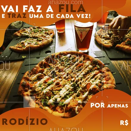 posts, legendas e frases de pizzaria para whatsapp, instagram e facebook: Vai faz a fila e traz uma de cada vez!??? Hoje é dia de Promo de rodizio, e a gente só se satisfaz, quando você se satisfaz! Vem conhecer nosso rodizio, você não vai se arrepender! #pizza #ahazoufood #ahazou #funk #fastfood