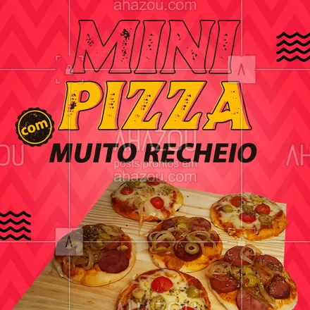 posts, legendas e frases de pizzaria, comidas variadas para whatsapp, instagram e facebook: As nossas mini pizzas são feitas com MUITO RECHEIO, garantindo qualidade e sabor para você. Peça já as suas! ?? 
#MiniPizza #Pizza #PIzzaDelivery #MuitoRecheio #ahazoutaste  #pizzaria #pizzalife #pizzalovers