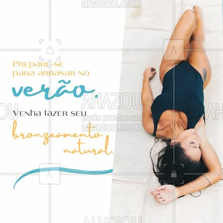 posts, legendas e frases de estética corporal para whatsapp, instagram e facebook: Venha garantir aquele bronze bonito e natural para arrasar no verão. Entre em contato 📱 (inserir número) e agende um horário para ficar ainda mais bonita. #beleza #estetica #esteticaavancada #esteticacorporal #esteticaecosmetica #esteticista #AhazouBeauty #bronse #bronzeamento #sol #bronzeamentonatural #procedimento