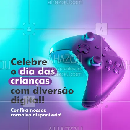 posts, legendas e frases de eletrônicos & eletrodomésticos para whatsapp, instagram e facebook: Para um Dia das Crianças cheio de alegria e aventura, presenteie seus pequenos com o presente perfeito: um novo video game! Venha à nossa loja e explore nossa incrível seleção de consoles e jogos. Desperte o gamer interior deles e crie memórias inesquecíveis. 🎁🕹️ #DiaDasCrianças #VideoGames #DiversãoDigital #PresentePerfeito #GamersDoFuturo #AhazouTec 