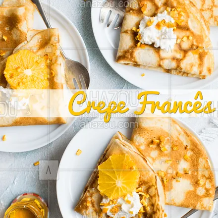 posts, legendas e frases de comidas variadas para whatsapp, instagram e facebook: Já experimentou o nosso crepe francês? Temos diversas opções, doces e salgadas. #crepe #ahazou #crepefrances
