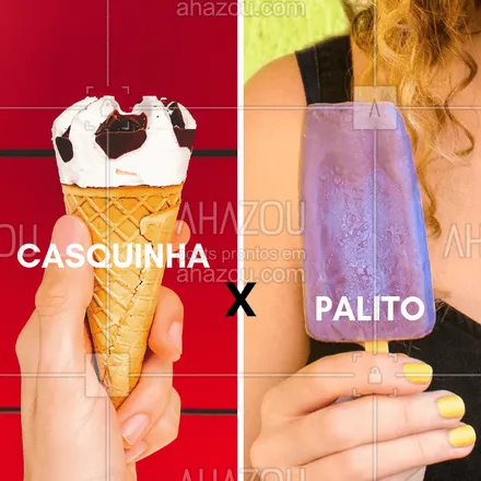 posts, legendas e frases de gelados & açaiteria para whatsapp, instagram e facebook: Casquinha ou palito? Qual seu preferido? #sorvete #ahazou #sorveteria  #casquinha #palito