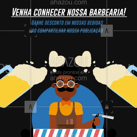 posts, legendas e frases de barbearia para whatsapp, instagram e facebook: Venha fazer sua barba com a gente, e o melhor ao compartilhar nossas publicações você ganha desconto em nossas bebidas, perfeito para passar o tempo enquanto você espera sua vez, ou para fazer aquela resenha com os amigos após ter dado um trato no visual! #AhazouBeauty #barba  #barbeiro  #barbeiromoderno  #barbearia  #barbeirosbrasil  #barberLife  #barber  #barberShop  #barbershop  #cuidadoscomabarba  #brasilbarbers 