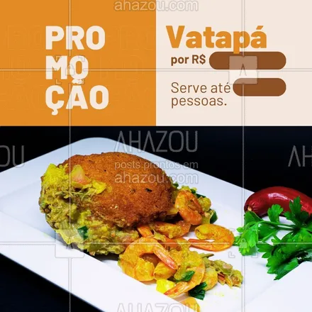 posts, legendas e frases de comidas variadas para whatsapp, instagram e facebook: 💥 PROMOÇÃO VATAPÁ 💥

Quem quer um prato de vatapá caprichado, para XX pessoas, por apenas R$ (valor)? 

📍 (inserir endereço)
📲 (inserir contato)
⏰ (inserir horário de funcionamento)

#Promoção #Promo #Vatapá #AhazouTaste #ComidaBoa #Quitutes #Gastro #Gastronomia 