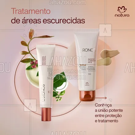 posts, legendas e frases de natura para whatsapp, instagram e facebook: Natura Chronos te convida a refazer o pacto com a sua beleza 😌⁣
⁣
O Sistema de Tratamento de áreas escurecidas entrega uma pele uniforme, com efeito base e prevenção de novas áreas escurecidas, já que possui proteção FPS 70.⁣
⁣
Experimente e comprove os resultados.⁣
⁣
#DescriçãoDeImagem: o conteúdo em formato de carrossel conta com 4 telas. A primeira apresenta o Sistema de Tratamento de áreas escurecidas com o texto: "Conheça a união potente entre proteção e tratamento". Na segunda tela vê-se o rosto de uma mulher asiática e ao seu lado o Sérum Intensivo Multiclareador com o texto: "Pele uniforme e iluminada em apenas 2 semanas". Na terceira tela vê-se os produtos novamente com o seguinte texto: "O uso combinado potencializa em até 70% a redução de áreas escurecidas". E na última tela vê-se o rosto de uma mulher com a seguinte frase: "Natura Chronos te convida a refazer o pacto com a sua beleza".⁣ #AhazouNatura #ahazourevenda