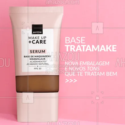 posts, legendas e frases de avon para whatsapp, instagram e facebook: A Base Tratamake tem ativos de skincare que cuidam da nossa pele até depois que a gente tira. E agora, ela chega com mais tons e uma nova embalagem que permite ver a cor pelo lado de fora! Quer sentir esse cuidado na pele? Chame sua Consultora Avon ou compre pelo site! #MakeQueTeTrataBem #ahazouavon #ahazourevenda