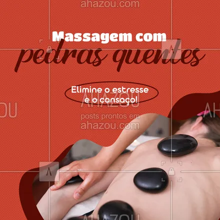 posts, legendas e frases de massoterapia para whatsapp, instagram e facebook: A massagem com pedras quentes tem o poder de equilibrar o sistema nervoso central, eliminando o estresse e o cansaço. Agende a sua massagem! 🤩
#AhazouSaude #massagem  #massoterapeuta  #massoterapia  #quickmassage  #relax 