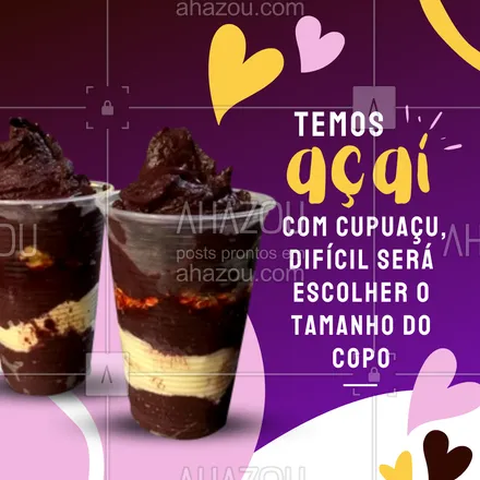 posts, legendas e frases de gelados & açaiteria para whatsapp, instagram e facebook: Hoje é dia de tomar um bom copo de açaí com cupuaçu, aproveite! 🥛😋 #ahazoutaste #açaí #açaíteria #cupuaçú #delivery