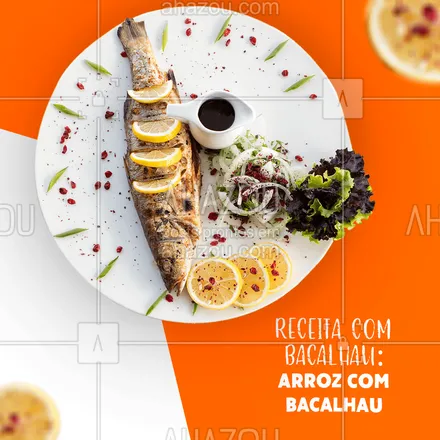 posts, legendas e frases de peixes & frutos do mar para whatsapp, instagram e facebook: Faça um delicioso arroz com bacalhau e surpreenda a todos, você vai precisar de: 
1/2 cebola picada
1 cebola cortada em rodelas
3 xícaras de chá de arroz
4 colheres de chá de óleo
6 xícaras de chá de água 1/4 xícara de azeite
100 g de azeitonas pretas
150 g de tomates secos
400 g de bacalhau desfiado

Preparo:  Em uma panela, prepare o arroz normalmente. Coloque o azeite na panela, junte a cebola e deixe fritar. Acrescente o bacalhau. Junte os tomates secos cortados em pedaços. Em um recipiente, coloque o arroz já pronto com o refogado de bacalhau, mexendo bem. Coloque em um refratário e coloque as azeitonas por cima. Enfeite com tomates secos e sirva em seguida.
#ahazoutaste #bacalhau #receitas #arroz #frutosdomar #peixes #pescados 