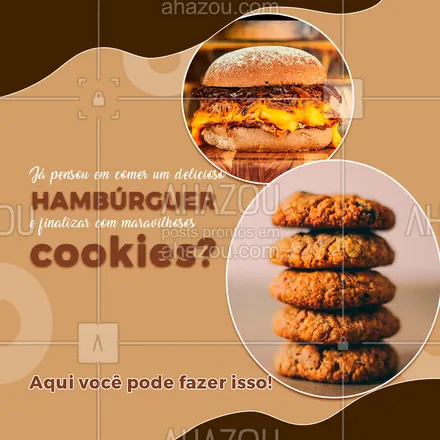 posts, legendas e frases de hamburguer para whatsapp, instagram e facebook: Só aqui você encontra uma diversa opções de hambúrgueres artesanais e de sobremesa deliciosos cookies. Está esperando o que para vir aqui aproveitar? Claro, se tiver algum especial para convidar, essa é a refeição ideal para isso. Fica a dica. #convite #cookie #doce #hamburgueria #ahazoutaste #hamburguer #foodlovers #artesanal