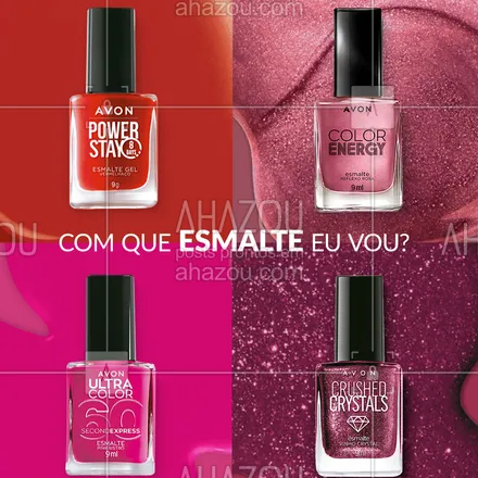 posts, legendas e frases de avon para whatsapp, instagram e facebook: Sabe quem tem o esmalte perfeito pra qualquer ocasião? Dona Avon, é claro! 💅
Tem o Power Stay, que dura até 8 dias 🗓️
O Crushed Crystals, que arrasa nas festas ✨
O Color Energy, com a tendência do perolado 🐚
E o Ultra Color, que seca em 60 segundos ⏲️
Qual você vai usar hoje?  #ahazouavon #ahazourevenda