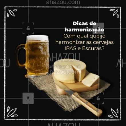 posts, legendas e frases de bares para whatsapp, instagram e facebook: As cervejas IPAs e escuras possuem como principal ingrediente o malte torrado, que traz o amargo e o doce na mesma cerveja. Para harmonizar com esse tipo, o ideal são queijos mais fortes e intensos como o Parmesão, Gorgonzola e o Provolone Defumado! 🧀
#harmonizaçãodequeijos #queijos #cerveja #ahazoutaste #bar  #cocktails  #drinks  #pub 