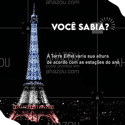 posts, legendas e frases de arquitetura, design & decoração para whatsapp, instagram e facebook: Parece impossível, mas é verdade! Todos os verões, devido à expansão do metal causada pelo calor, a Torre varia de tamanho entre 6 e 15 centímetros. Curioso, não é mesmo?! Você conhece mais alguma curiosidade sobre arquitetura? Conta pra gente aqui nos comentários. #curiosidades #arquitetura #AhazouArquitetura, #AhazouDecora #torreeiffel #arquiteto