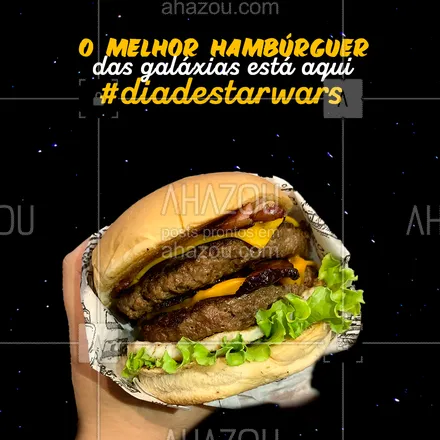 posts, legendas e frases de hamburguer para whatsapp, instagram e facebook: Não existe hambúrguer mais gostoso que o nossa em qualquer outra galáxia. Então aproveite para curtir o Dia de Star Wars com o melhor hambúrguer que você já provou. #burger #burgerlovers #hamburgueria #ahazoutaste #hamburgueriaartesanal #opções #sabor #qualidade #diadestarwars #starwars  