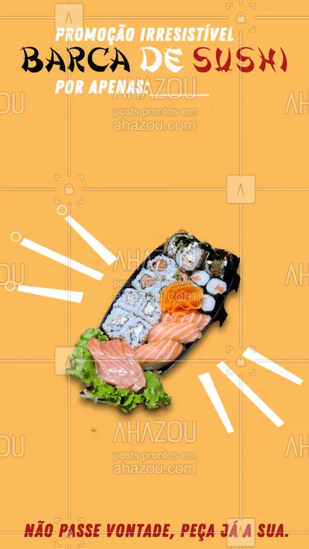 posts, legendas e frases de cozinha japonesa para whatsapp, instagram e facebook: Essa você não pode deixar passar.
Nossa barca recheada de sushi por um valor especial.
Não perca essa promoção.
#ahazoutaste #barcadesushi #promocao #oferta  #japa  #japanesefood  #sushidelivery  #comidajaponesa  #sushitime 