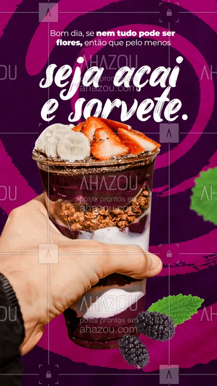 posts, legendas e frases de gelados & açaiteria para whatsapp, instagram e facebook: Sorvete e açaí ajudam a resolver qualquer tipo de problema. 😋 #ahazoutaste #cupuaçú #gelados #sorvete #sorveteria #açaí #açaíteria #bomdia