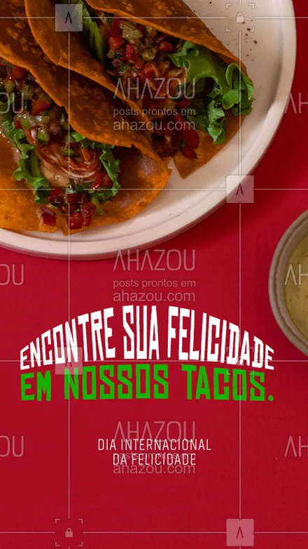 posts, legendas e frases de cozinha mexicana para whatsapp, instagram e facebook: Nada como nossos deliciosos tacos super recheados para tornar o seu dia feliz.
Felicidade sincera e verdadeira você só encontra aqui!
Venha nos visitar.
#ahazoutaste  #cozinhamexicana  #comidamexicana  #texmex  #vivamexico  #nachos 