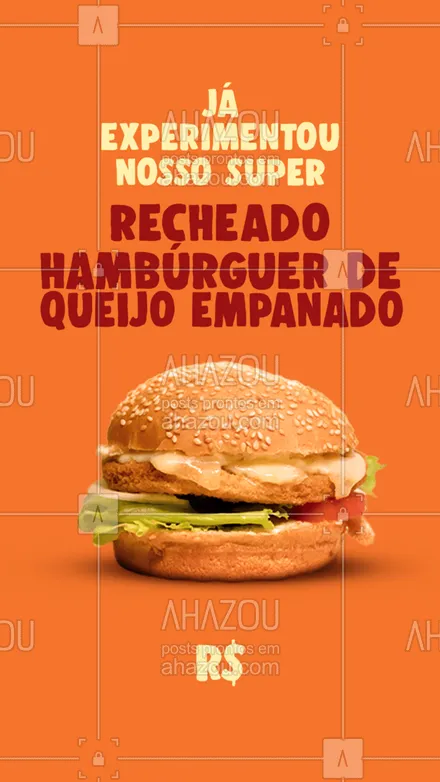 posts, legendas e frases de hamburguer para whatsapp, instagram e facebook: O melhor hambúrguer de queijo empanado da região está em promoção, aproveite e peça já o seu. 🍔#hamburgueria #burger #ahazoutaste #promoção #queijoempanado
