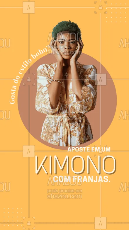 posts, legendas e frases de moda feminina para whatsapp, instagram e facebook: Quer compor um look boho e arrasar em um passeio ao parque? Aposte em um kimono com franja, eles são perfeitos para dar mais leveza e estilo ao seu look. #modafeminina#AhazouFashion #kimono #tendencia #fashion