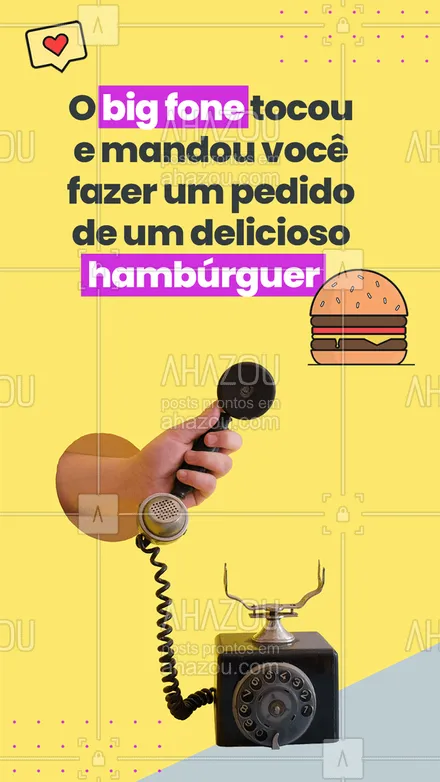 posts, legendas e frases de hamburguer para whatsapp, instagram e facebook: Se o big fone mandou quem é você para negar um pedido desses não é mesmo? Faça já o seu pedido de um delicioso hambúrguer. ? Entre em contato pelo telefone: ? (_______________________). #Burger #BigFone #BBB #ahazoutaste #BBB21 #Hamburguer 
