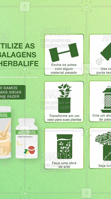posts, legendas e frases de herbalife para whatsapp, instagram e facebook: Reciclar é muito importante para o meio ambiente. Que tal reutilizar as nossas embalagens para outras funções? Você pode guardar temperos e até usá-las como obstáculos para seu treino. O legal dessa iniciativa é usar a sua criatividade e, ao mesmo tempo, preservar a natureza. ​
_
​Comente aqui: como você reutiliza nossas embalagens? ​

#HerbalifeBrasil #Reciclagem #Shake #Embalagens #vidasaudavel #ahazouherbalife #ahazourevenda