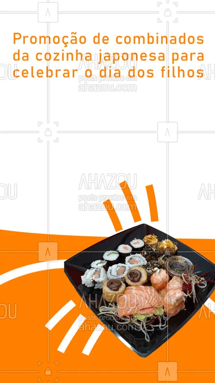 posts, legendas e frases de cozinha japonesa para whatsapp, instagram e facebook: Não há combinação melhor do que celebrar o dia dos filhos, 05 de abril, com uma promoção imperdível dos nossos variados pratos da cozinha japonesa. Assim, você comemora essa data se deliciando com nossos pratos.  

#comidajaponesa #cozinhajaponesa  #sushillife  #sushilovers #ahazoutaste #temakeria #promocional #promoção #diadofilho #05deabril #celebração