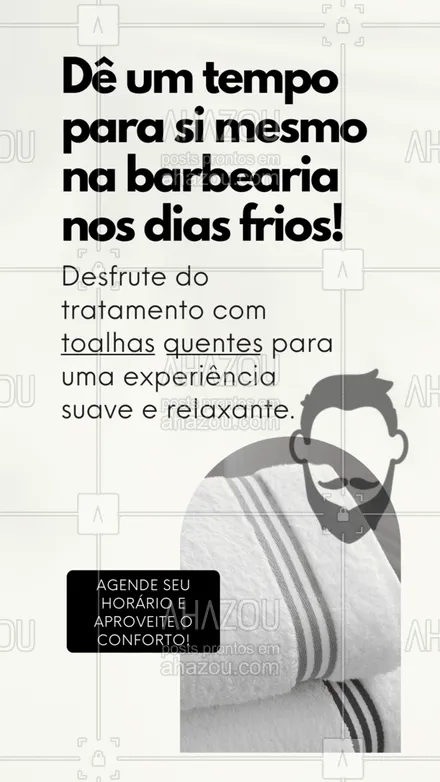 posts, legendas e frases de barbearia para whatsapp, instagram e facebook: Nossa barbearia é o lugar ideal para homens que procuram um momento de relaxamento e cuidado pessoal. Com toalhas quentes, criamos uma atmosfera aconchegante enquanto nossos experientes barbeiros cuidam de sua barba e cabelo, proporcionando uma experiência suave e relaxante. Agende seu horário! #AhazouBeauty  #barbearia  #barbeiro  #barbeiromoderno  #barbeirosbrasil  #barber  #barberShop  #barbershop  #brasilbarbers  #cuidadoscomabarba 