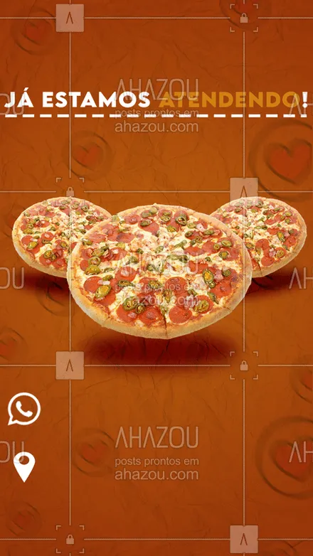 posts, legendas e frases de pizzaria para whatsapp, instagram e facebook: Já estamos de portas abertas e prontos pra entrega! Então não perde tempo, já chama a gente no whats ou passe aqui e faça seu pedido! Estamos te esperando! #ahazoufood #pizzaria #pizza #fastfood