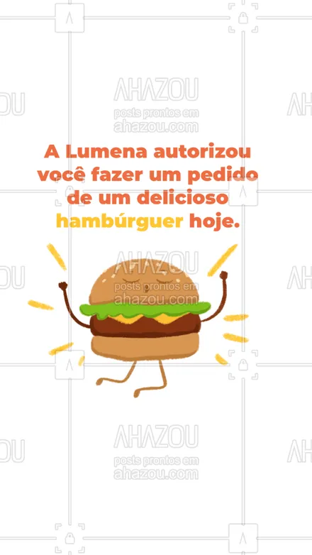 posts, legendas e frases de hamburguer para whatsapp, instagram e facebook: Corre para pedir o seu delicioso hambúrguer hoje! Aproveite pois foi a Lumena que autorizou. ? Faça já o seu pedido pelo telefone: ? (______________________) #Burger #Lumena #BBB #ahazoutaste #Meme #BBB21 #Hamburguer  