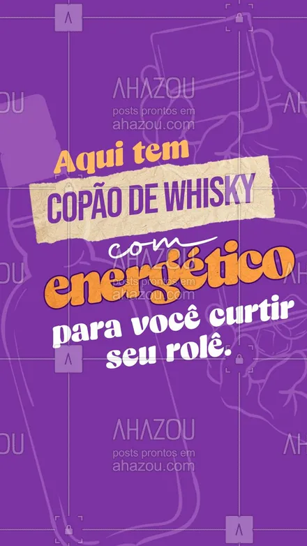 posts, legendas e frases de bares para whatsapp, instagram e facebook: Curta o seu rolê com um copão de whisky com energético na mão, venha aproveitar com a gente. 🥃 #ahazoutaste #bar #drinks #lounge #pub #whiskyenergético #diversão