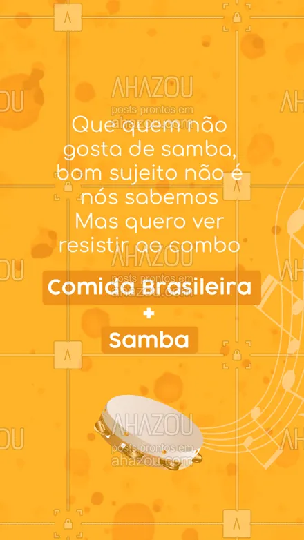 posts, legendas e frases de assuntos variados de gastronomia para whatsapp, instagram e facebook: Não dá pra deixar de comer uma boa comida brasileira e ouvir um sambinha hoje, não é mesmo? ? Venha celebrar o Dia Nacional do Samba! 

#AhazouTaste #DiaNacionaldoSamba #DiaDoSamba #Samba #ComidaBrasileira #Samba #Gastronomia 
